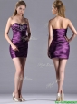 Discount Column Beaded Bust and Ruched Bridesmaid Dress in Dark Purple