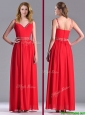 Fashionable V Neck Ankle Length Prom Dress with Beaded Decorated Waist