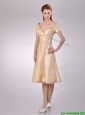 Hot Sale V Neck Champagne Tea Length Mother of the Bride Dress with Short Sleeves