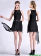 Modern Scoop Asymmetrical Black Chiffon Mother of the Bride Dress with Beading