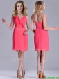 Popular V Neck Zipper Up Short Dama Dresses for Quinceanera in Coral Red