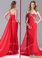 Pretty Column One Shoulder Watteau Train Chiffon Coral Red Prom Dress with Beaded