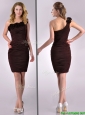 Simple Column One Shoulder Hand Crafted and Ruched Side Zipper Short Bridesmaid Dress in Brown