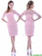 Elegant Ruched and Laced Square Baby Pink Mother of the Bride Dress with Half Sleeves