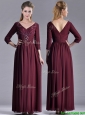 Latest Beaded V Neck Burgundy Mother of the Bride Dress with Three Fourth Length Sleeves