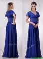 Low Price V Neck Beaded Blue Long Mother of the Bride Dress with Short Sleeves