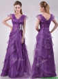 Low Price V Neck Eggplant Purple Mother of the Bride Dress with Beading and Ruffles