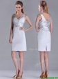 Modern V Neck Belted with Beading Mother of the Bride Dress in Silver