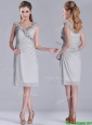 Modest V Neck Grey Chiffon Short Mother of the Bride Dress with Side Zipper