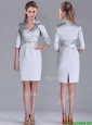 Popular Column Belted with Beading Silver Mother of the Bride Dress with V Neck