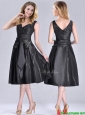 Popular Empire Black Tea Length Mother of the Bride Dress with Ruching and Bowknot