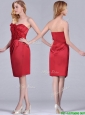 Low Price Red Column Satin Knee Length Mother of the Bride Dress with Ruffles
