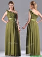 Empire One Shoulder Ruched and Belt Mother of the Bride Dress in Olive Green