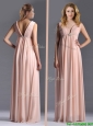 Simple Empire Chiffon Ruching Long Pink Mother of the Bride Dress with V Neck