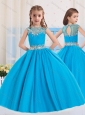 2016 Ball Gowns Scoop Baby Blue Beading Short Sleeves Little Girl Pageant Dress