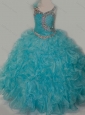 Elegant Ball Gown V Neck Organza Beading Aqua Blue Lace Up Little Girl Pageant Dress