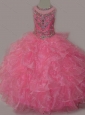 Rose Pink Ball Gown Scoop Beaded Bodice Lace Up Little Girl Pageant Dress