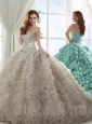 Cheap Puffy Skirt Brush Train Beaded Champagne 15 Quinceanera Dress in Rolling Flowers