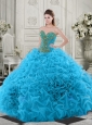 Discount Beaded and Ruffled Baby Blue Quinceanera Dress with Chapel Train