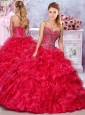 Elegant Beaded and Ruffled Red 15 Quinceanera Dress in Organza