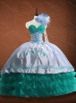 Elegant Embroidered and Patterned Organza and Taffeta Quinceanera Dress in Turquoise and White