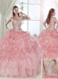 Modest Beaded and Ruffled Layered Baby Pink Sweet 15 Dress with Brush Train
