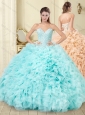 Beaded Beaded and Ruffled Aque Blue Quinceanera Gown in Tulle