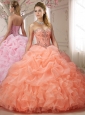 Customized Bubble and Beasded Orange Red Sweet Sixteen Dress with Sweep Train
