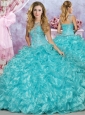 Discount See Through Scoop Beaded and Ruffled Quinceanera Gown in Aqua Blue