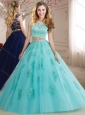 Discount Two Pieces See Through Scoop Beaded and Applique Quinceanera Gown in Aqua Blue