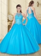 Exquisite See Through Halter Top Baby Blue Quinceanera Dress with Beading