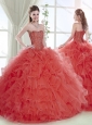 Lovely Brush Train Beaded and Ruffled Coral Red Detachable Quinceanera Skirts with Removable Shirts