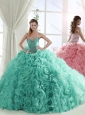 Lovely Rolling Flowers Brush Train Detachable Quinceanera Skirts in Turquoise