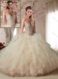 Modern Beaded Bodice and Ruffled Champagne Quinceanera Dress in Organza