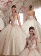 Perfect Big Puffy Beaded and Applique Tulle Champagne Quinceanera Gown