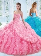 Perfect Visible Boning Ruffled Detachable Quinceanera Dresses in Rose Pink