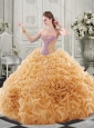 Popular Beaded Bodice and Ruffled Champagne Chapel Train Perfect Quinceanera Dress