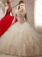 See Through Halter Top Champagne Open Back Quinceanera Dresses with Beading and Ruffles