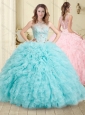Simple See Through Beaded and Ruffled Quinceanera Dresses in Aqua Blue