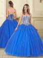 Visible Boning Deep V Neck Beaded Bodice Quinceanera Dress in Blue