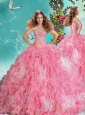 Gorgeous Rose Pink Brush Train Perfect Quinceanera Dress in Rolling Flowers