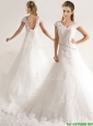 Romantic Laced and Applique Short Sleeves Wedding Dresses with Court Train