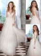 Beautiful Empire V Neck Tulle Long Lace Wedding Dress with Long Sleeves