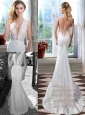 Mermaid Brush Train Clasp Handle Garden Wedding Dress with Deep V Neck