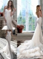 Most Popular Mermaid Straps Court Train Open Back Wedding Dress for Garden