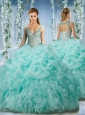 Beaded and Ruffled Aqua Blue 15 Quinceanera Dress with Beaded Decorated Cap Sleeves