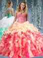 Beautiful Really Puffy Red and Champagne Beaded and Ruffled 15 Quinceanera Dress