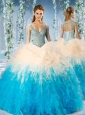 Modest Beaded Decorated Cap Sleeves 15 Quinceanera Dress in Blue and Champagne