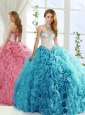 New Arrival Brush Train Beaded Baby Blue Quinceanera Dress in Rolling Flowers