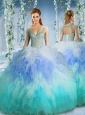 Popular Deep V Neck Cap Sleeves Quinceanera Dress with Beading and Ruffles